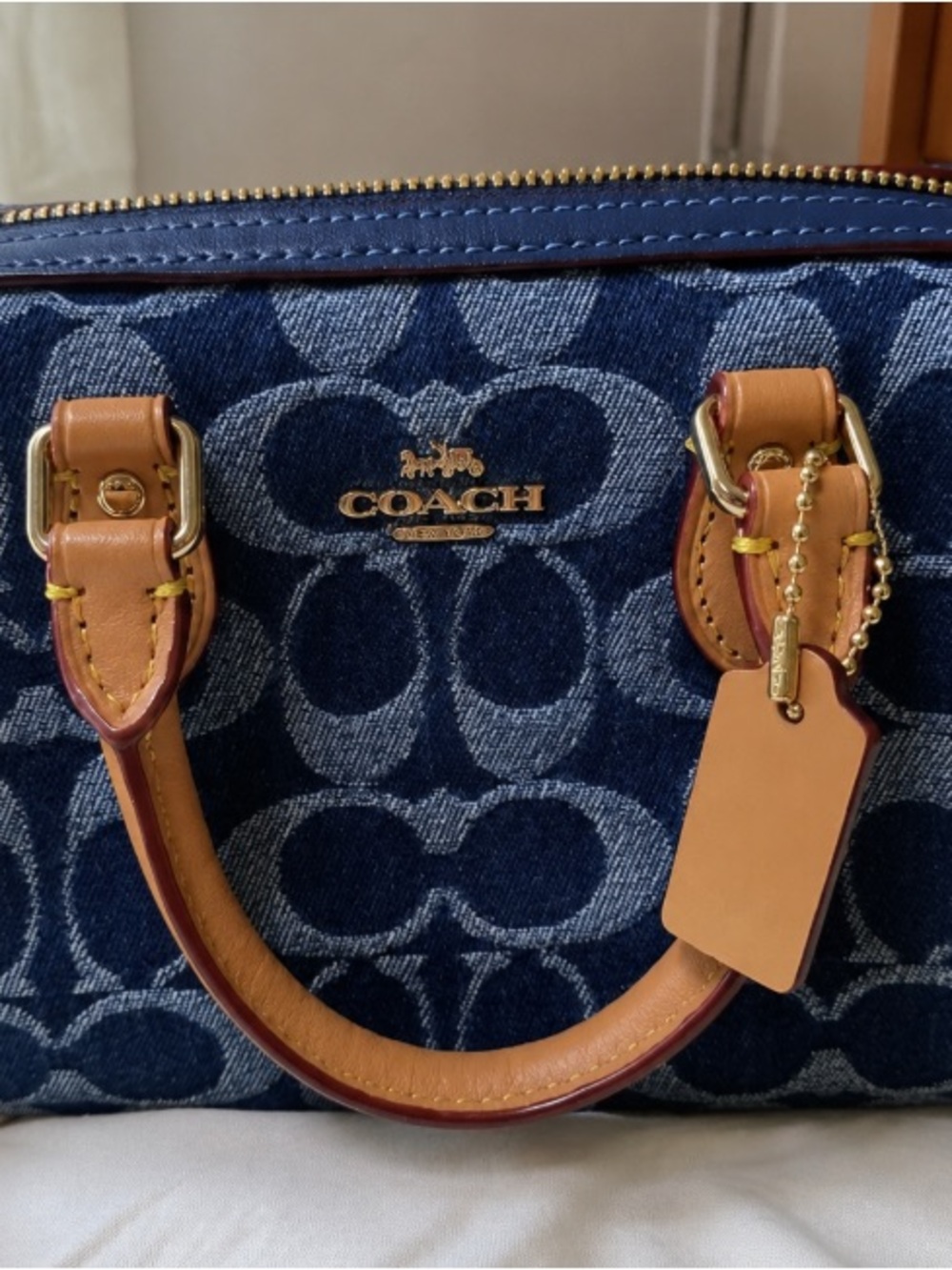 Coach Blue Denim Logo Satchel with Tan Leather Trim and Gold Hardware